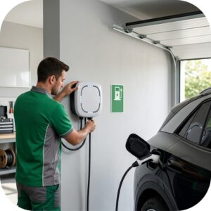 Instalação de carregador elétrico veicular Wallbox em garagem com carro elétrico carregando