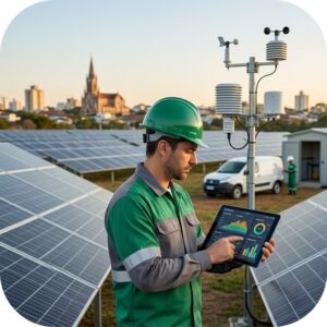 Técnico analisando relatórios e dados de monitoramento em tempo real de usina de energia solar em tablet